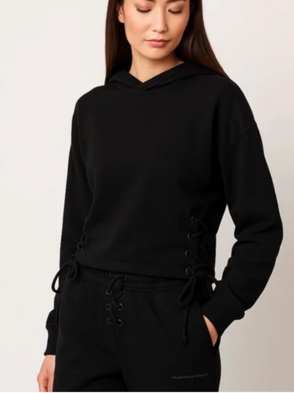 BCBGMaxAzria Black Hooded Drop Shoulder Lace Up Crop Sweatshirt Size Medium